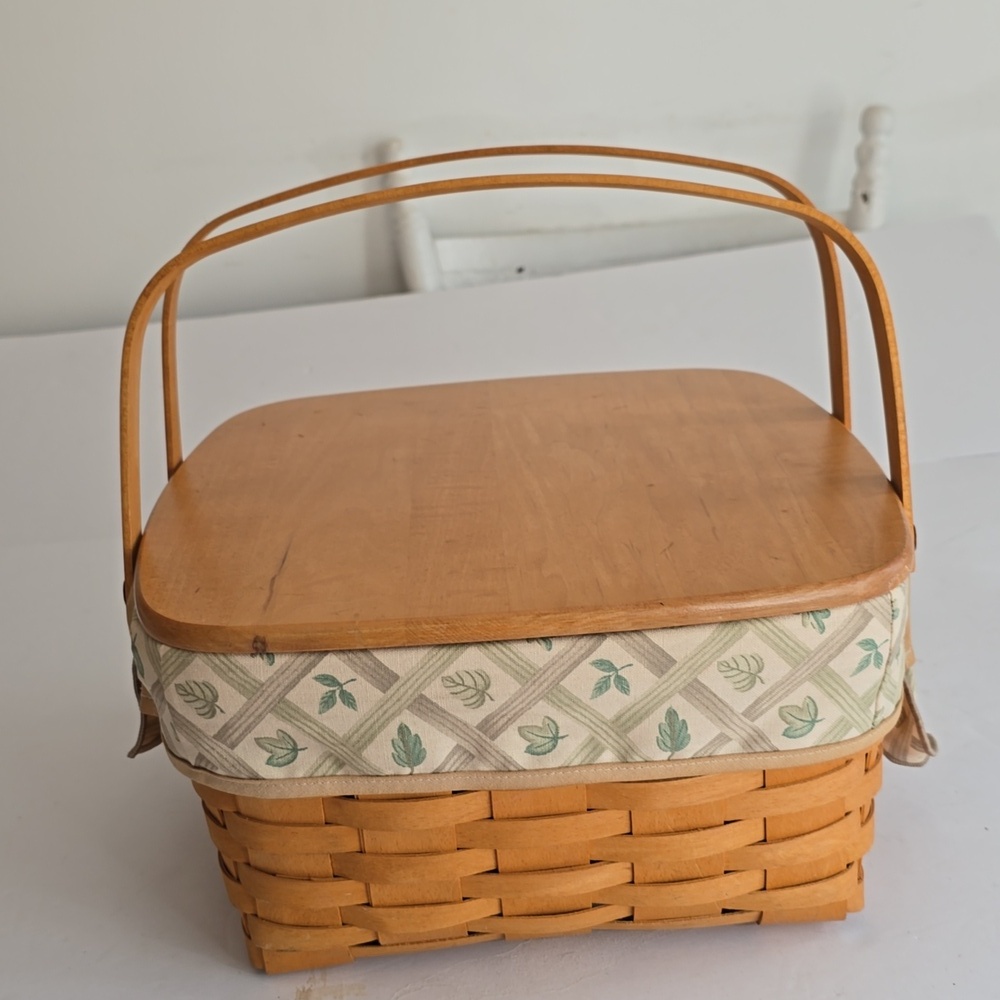 Longaberger Vintage Cake Pie Woven Basket Fabric Plastic Liner Wood Stand Cover - Picture 5 of 17